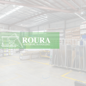 A warehouse storing stone. Roura's logo is overlayed.