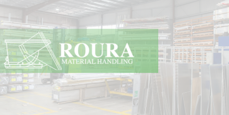 A warehouse storing stone. Roura's logo is overlayed.