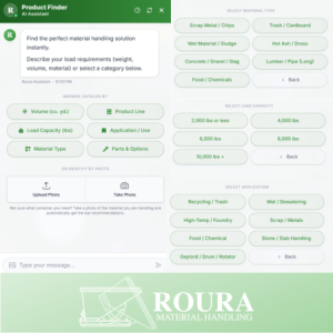 Screenshots from Roura's AI product finder, showing filter options, available load capacities, material type options, and application selections