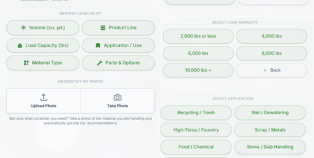 Screenshots from Roura's AI product finder, showing filter options, available load capacities, material type options, and application selections